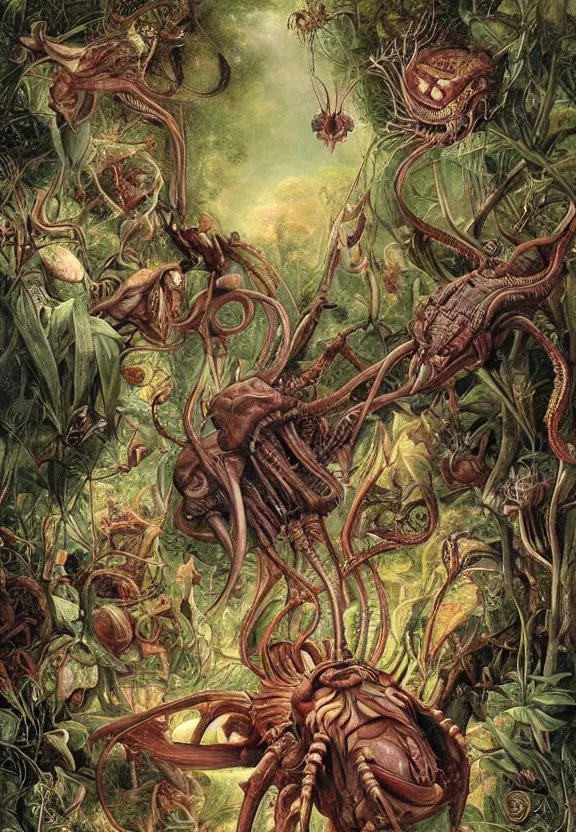 Image similar to simplicity, elegant, muscular animals, human babies, botany, orchids, radiating, colorful mandala, psychedelic, overgrown garden environment, by h. r. giger and esao andrews and maria sibylla merian eugene delacroix, gustave dore, thomas moran, pop art, biomechanical xenomorph, art nouveau, haunting