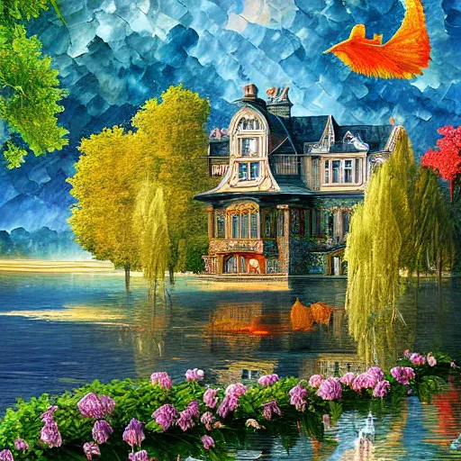 Image similar to lake photograph mansion digital art fantasy ornate depth of field nature photography by m. c. escher, leonid afremov, greg rutkowski, tim white, john howe, rob gonsalves, moebius, benoit mandelbrot