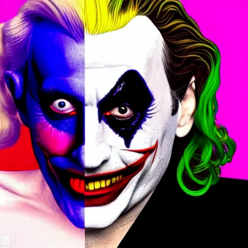 Image similar to richard hamilton and mimmo rottela as lady gaga harley queen and joaquin phoenix joker couple, pop art, 2 color, left and right align, object details, dynamic composition, 4 k, ultra realistic art, smooth, sharp focus, illustration, concept art, intricate details, h 7 6 8