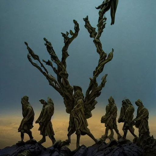 Prompt: A beautiful sculpture of a coffin being carried by six men through an ethereal, otherworldly landscape. The coffin is adorned with a relief of a skull and crossbones, and the men are all wearing hooded cloaks. The landscape is eerie and foreboding, with jagged rocks and eerie, glowing plants. DayGlo blue, gold by Ted Nasmith improvisational