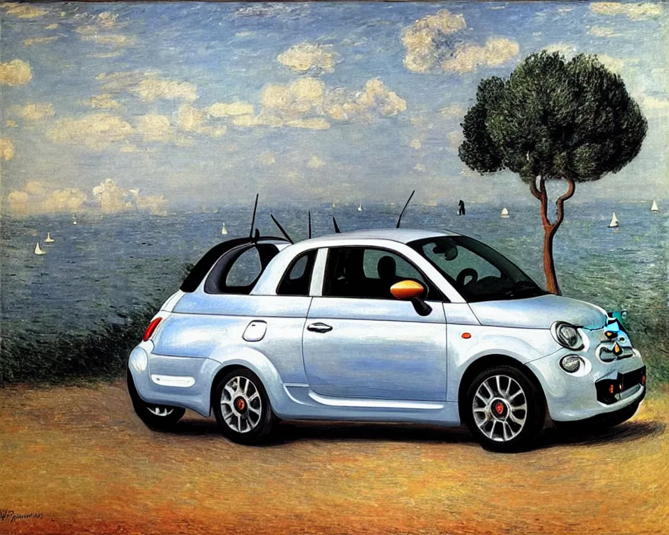 Prompt: achingly beautiful painting of a silver 2 0 1 3 fiat 5 0 0 abarth by rene magritte, monet, and turner.