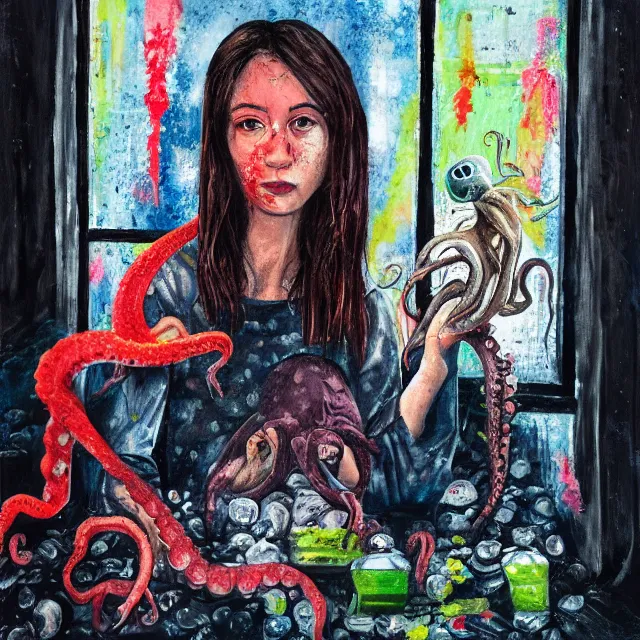 Image similar to a portrait in a dark apartment, city through a window, a female art student holding an octopus, milk puddles, berries, broken bottles, metaphysical, neo - expressionism, surrealism, acrylic and spray paint and oilstick on canvas