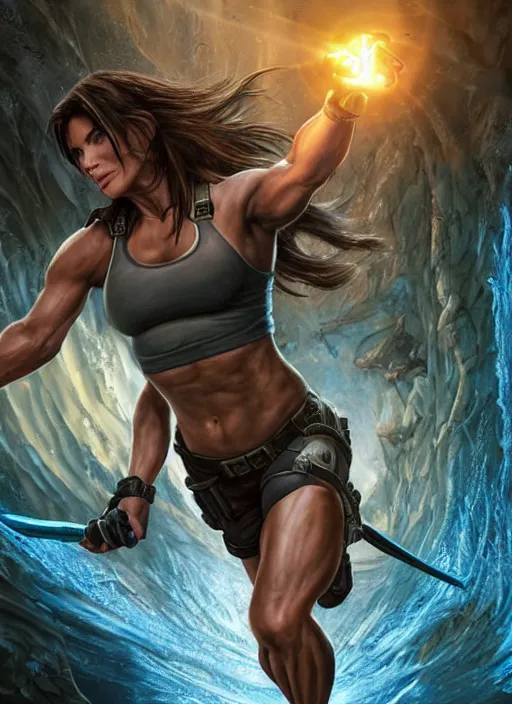 Image similar to muscled Sandra Bullock as Lara Croft as a ruggedly handsome heroine looking directly into the camera, jumping off a glowing artifact lodged in shallow blue glowing water, intricate, elegant, highly detailed, artstation, concept art, smooth, sharp focus, illustration, bokeh art by artgerm and donato giancola and Joseph Christian Leyendecker, WLOP, fireflies, distant snowstorm and thunder