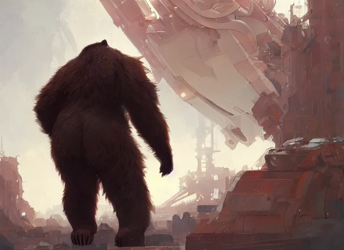 Prompt: a giant bear with a giant proton cannon in his back, elegant, technology, highly detailed, digital painting, artstation, concept art, smooth, sharp focus, illustration, art by krenz cushart and artem demura and alphonse mucha