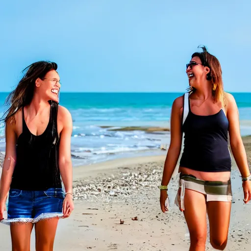 Prompt: two transgender lesbians smiling and having a good time together walking next to the beach