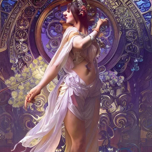 Image similar to stunning dynamic pose, a very much detailed full body of a goddess, intricate, professionally detailed, hdr, light fantasy, dynamic lighting, cinematic CG, smooth, cosplay, a very detailed elegant, sharp focus, a very detailed art by alphonse mucha and greg rutkowski