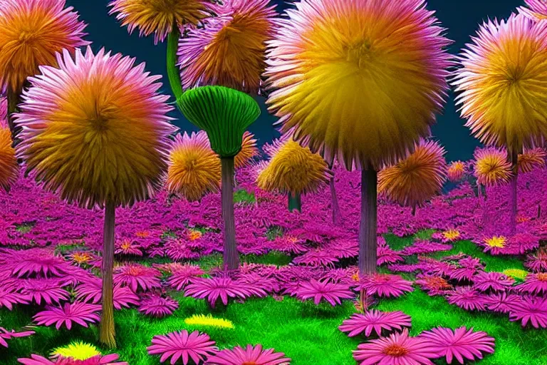 Image similar to beautiful field of giant gerber daisy flowers digital illustration by dr. seuss : 1 | colorful surreal psychedelic megaflora forest by beeple : 1