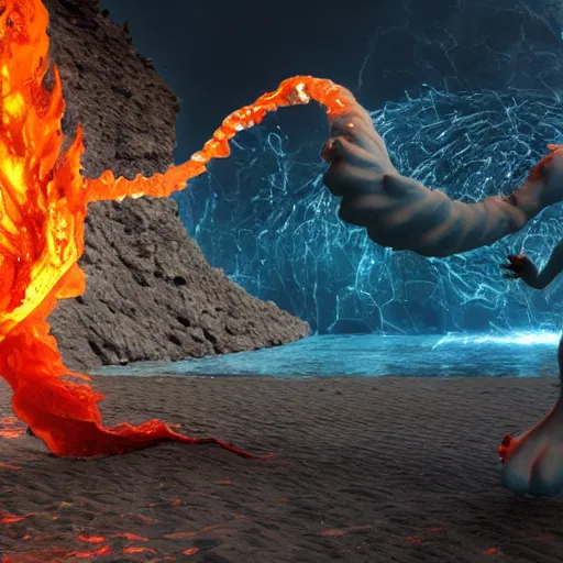 Prompt: A creature made of water and fire, dynamics and flows, meets a creature made of earth and air, in a clash of elements, 8k render, maya and zbrush, by Andrei Riabovitchev