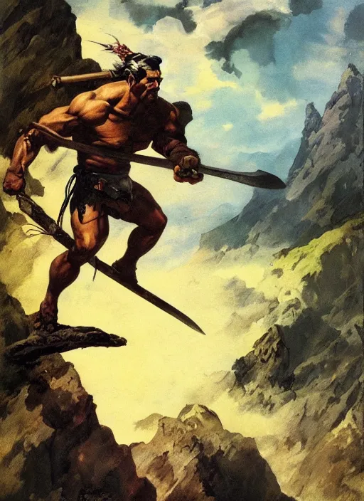 Image similar to portrait of barbarian on mountain, coherent! by mariusz lewandowski, by frank frazetta, deep color, strong line, high contrast