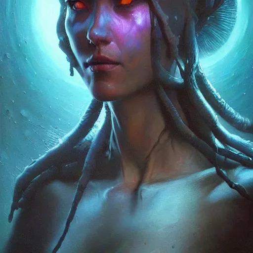 Prompt: a hyperrealistic acrylic on canvas portrait painting of a beautiful alien priestess by Greg Rutkowski, Artgerm and Beksinski. Epic fantasy art. Volumetric lighting. Night scene.