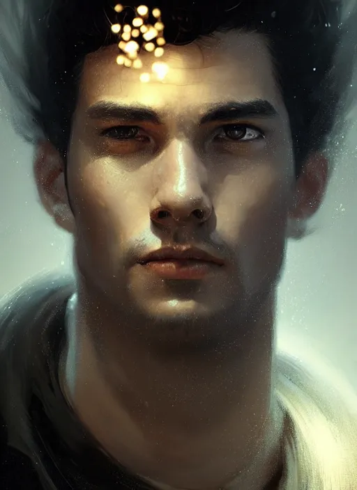 Prompt: portrait of an ancient traveller, a rough young man with black hair, intricate, elegant, glowing lights, highly detailed, digital painting, artstation, concept art, smooth, sharp focus, art by wlop, mars ravelo and greg rutkowski