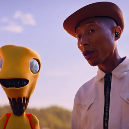 Image similar to cinematic film still of Pharrell Williams Making A Beat with an anthropomorphic alien, Japanese VFX, 2018, 400mm lens, f1.8, shallow depth of field,film photography