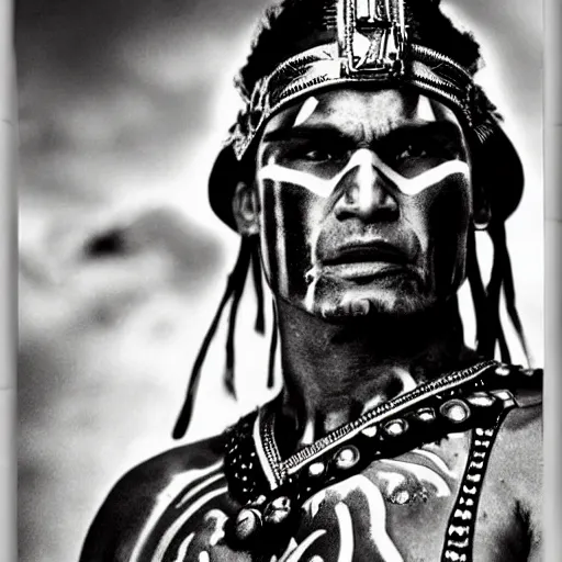 Prompt: Maori warrior during ancient extreme sports by david lachapelle, old photo, black and white, vintage