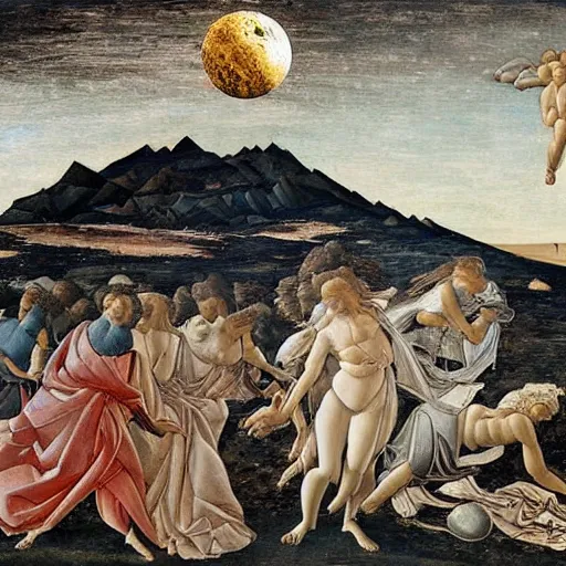 Image similar to the first landing on the moon, paited by botticelli