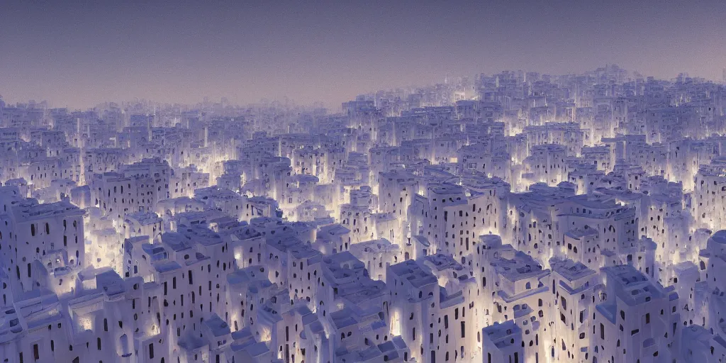 Image similar to Moroccan city, white buildings, by Leon Tukker, Makoto Kobayashi, synthetic light, people on the streets, utopia, perfect, futuristic, 8k high detail, masterpiece, trending on ArtStation