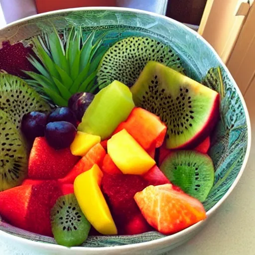 Prompt: Unrecognizable tropical fruit bowl