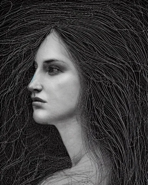 Prompt: a woman's face in profile, long flowing hair entwined in intricate decorative cobwebs, in the style of the dutch masters and gregory crewdson, dark and moody