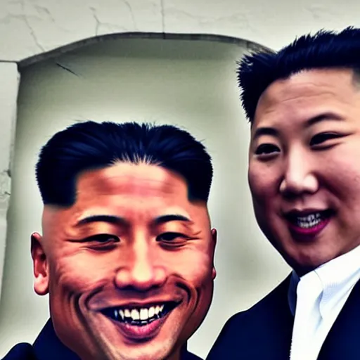 Prompt: dwayne johnson and kim jong - un, selfie, phone photo,