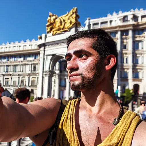 Image similar to a roman legionnaire taking a selfie in plaza cibeles, madrid