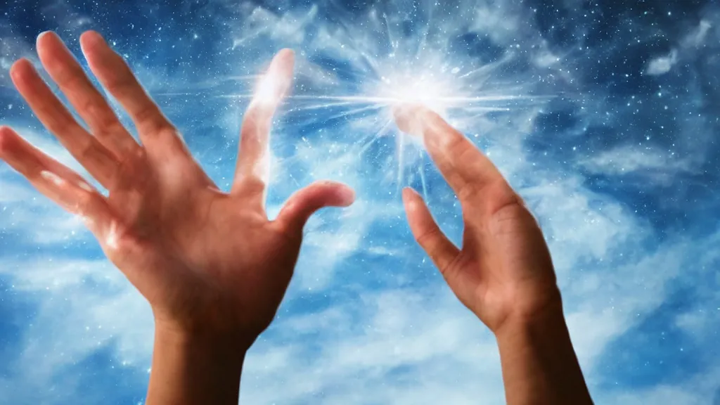 Prompt: a giant hand coming from of a magical portal in the sky picking up a woman with their fingers.