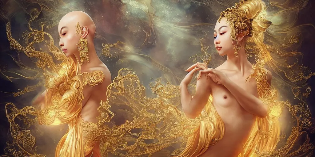 Image similar to asian nymph bald goddess, flowing golden silk twisting with whiten tattoos of cursive sigils on her opalescent skin, fantasy, intricate, very beautiful, elegant, golden light, highly detailed, art by huang guangjian and ail elvgren and sachin teng