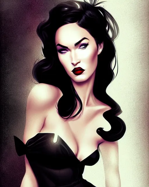 Image similar to megan fox with dark eye makeup, vegas show girl in a bar on stage, long windblown black hair, pinup, intricate, elegant glamorous pose, sharp focus, illustration, charlie bowater