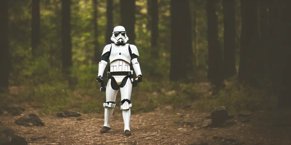 Image similar to photo of a clone trooper dancing in the wilderness, cinematic, anamorphic bokeh, 4 0 mm f / 2. 8, scenic