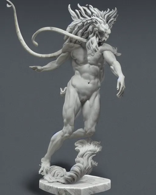 Image similar to an old marble statue of a hydra from herculean myths, hyper realistic, 4 k, grainy marble, hyper detailed