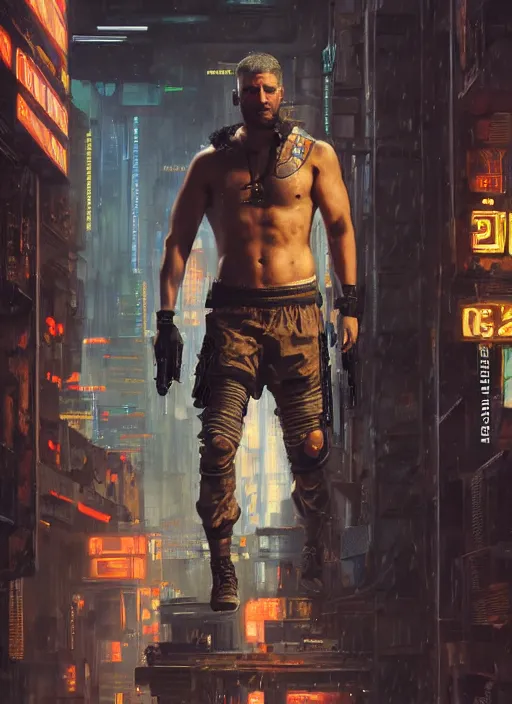 Image similar to buff joe. cyberpunk mercenary in a cyberpunk jumpsuit ( blade runner 2 0 4 9, cyberpunk 2 0 7 7 ). orientalist portrait by john william waterhouse and james gurney and theodore ralli and nasreddine dinet, oil on canvas. cinematic, hyper realism, realistic proportions, dramatic lighting, high detail 4 k