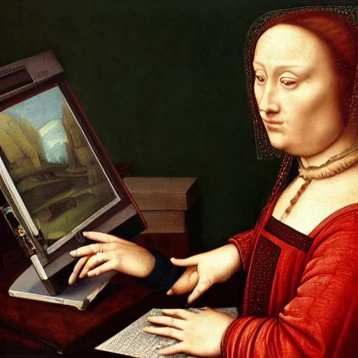 Image similar to a realistic renaissance portrait of hillary clinton hacking a computer, highly detailed, digital painting, featured on artstation, painted by leonardo da vinci, dramatic lighting