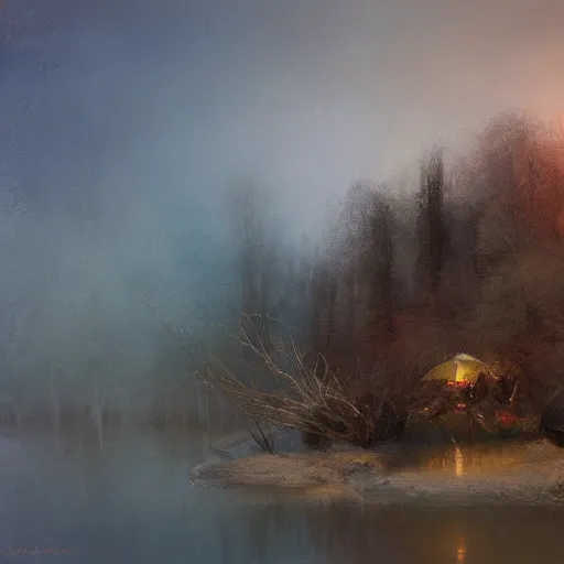 Image similar to a tent by the river in the deep, remote woods by ruan jia, from nightmare before christmas | detailed | elegant | trending on artstation