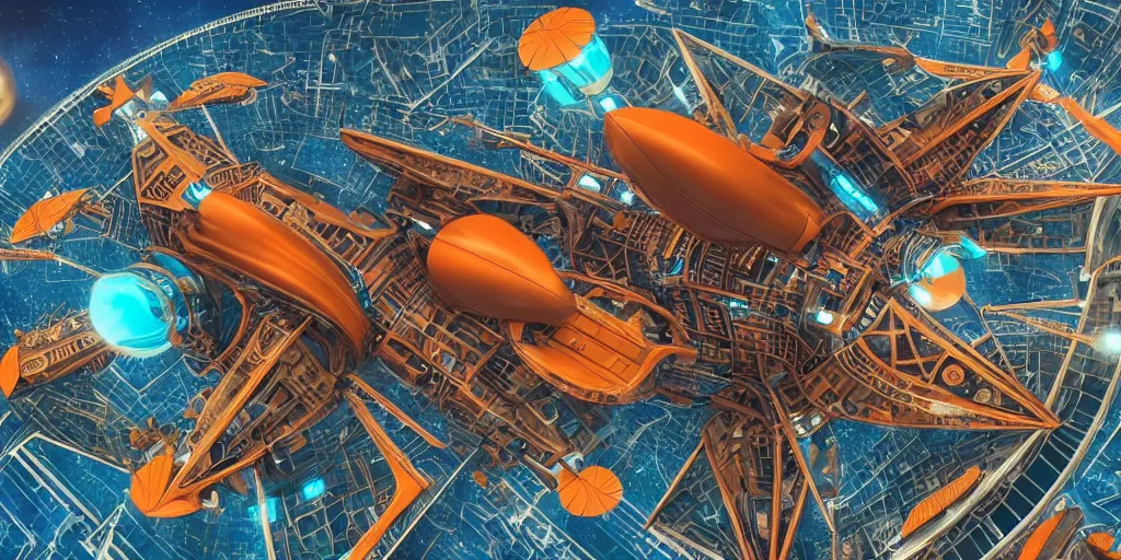 Image similar to cinematic still of hyper detailed realistic afro futurist spaceport designed by frank lloyd wright architect, retro flying aircraft cyborgs, deep perspective, wide angle, insanely detailed and intricate, teal gold and orange color scheme,