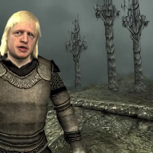 Image similar to boris johnson in skyrim, videogame cutscene