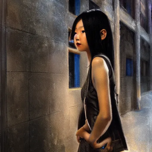 Image similar to a perfect, realistic professional oil painting in Dali style, of a Japanese schoolgirl posing in a dystopian alleyway, close-up, by a professional American senior artist on ArtStation, a high-quality hollywood-style concept