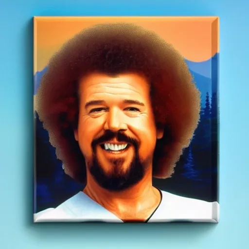 Image similar to a closeup photorealistic photograph of bob ross themed kenny powers baseball, painting on a canvas. mountains and trees. film still. brightly lit scene. this 4 k hd image is trending on artstation, featured on behance, well - rendered, extra crisp, features intricate detail, epic composition and the style of unreal engine.