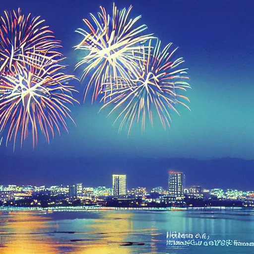 Prompt: Okinawa Sky and fireworks by Hiroshi Nagai