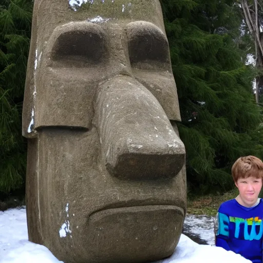 Image similar to a kid at christmas disappointed that his present was a giant moai statue