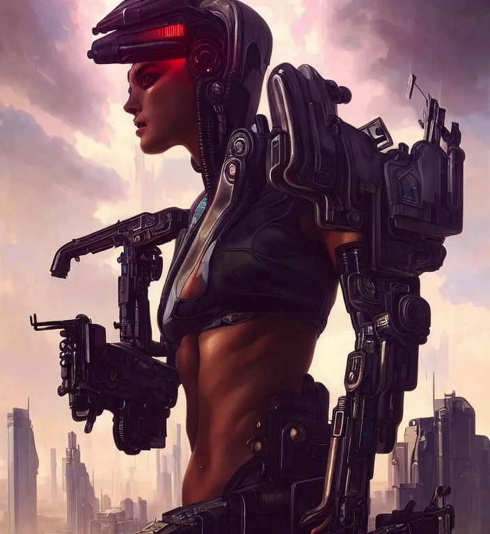 Image similar to painting of cyberpunk centaur cop, perfect face, ultra realistic, concept art, intricate details, eerie, highly detailed, photorealistic, octane render, 8 k, unreal engine. art by artgerm and greg rutkowski and magali villeneuve and alphonse mucha