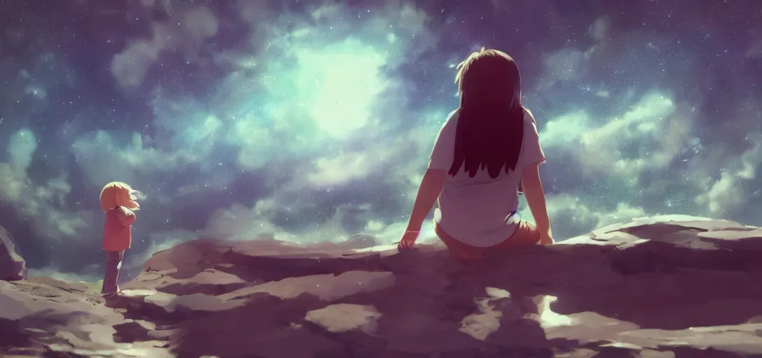 Prompt: A young chubby teen called Jaynie, looking out into the cosmos, imagining all the possibilities of her future. Anime style, concept art, cinematic lighting, cinematic composition, rule of thirds , mysterious, eerie, cinematic lighting, ultra-detailed, ultrarealistic, photorealism, 8k, octane render