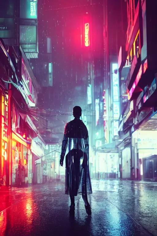 Image similar to a street level, low angle, photograph of a woman with robotic prosthetics in a clear, transparent raincoat, in a futuristic, blade runner city with heavy atmosphere. Volumetric light. Rainfall. Dystopic. Evening, neon lights. 8k. Filmic. Highly detailed. Octane render.