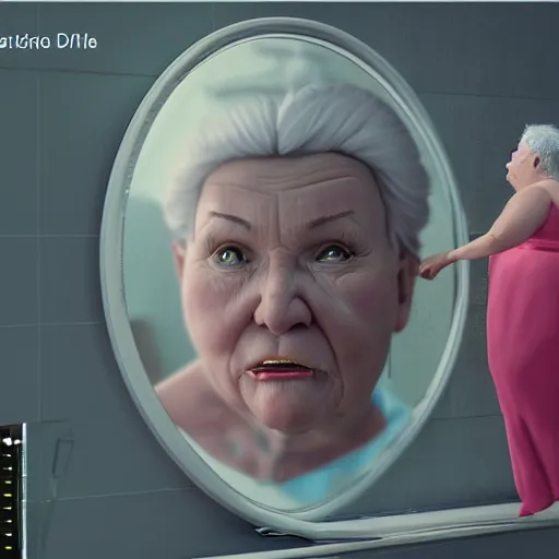 Image similar to of a very funny scene. ambient occlusion render. a sweet fat old woman is in kissing her reflection. flowery dress. mirror. symmetrical face, red mouth, blue eyes. deep focus, lovely scene. ambient occlusion render. concept art. unreal engine.