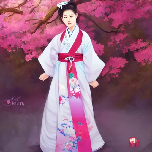 Image similar to Jimin bts in traditional hanbok clothing, by Lim Chuan Shin, rossdraws, artgerm and Mandy jergens