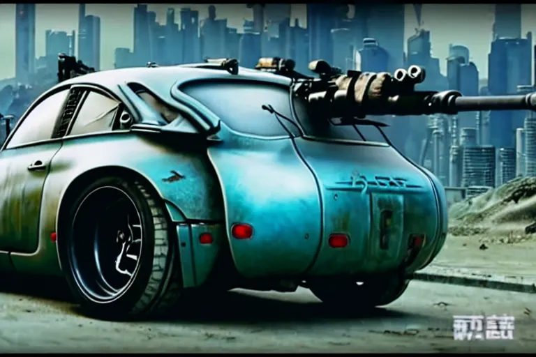 Prompt: masamune shirow movie still from ghost in the shell dieselpunk mad max alpine a 1 1 0 with guns installed