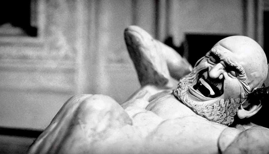 Prompt: 1 9 6 0 s movie still close - up of chrysippus of solis laughing to death on the floor in a neoclassical marble room, cinestill 8 0 0 t 3 5 mm b & w, high quality, heavy grain, high detail, texture, dramatic light, anamorphic, hyperrealistic, detailed beard