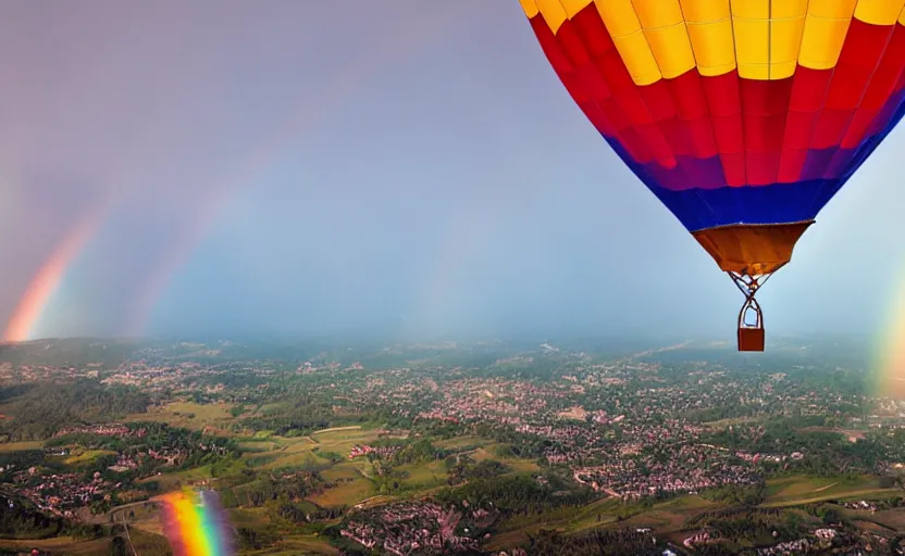 Image similar to hot air balloon flying through a double rainbow, oh the places you'll go by dr seuss