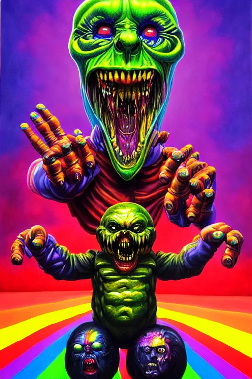 Prompt: a hyperrealistic painting of an epic boss fight against an evil rainbowbright doll, cinematic horror by jimmy alonzo, the art of skinner, chris cunningham, lisa frank, richard corben, highly detailed, vivid color,