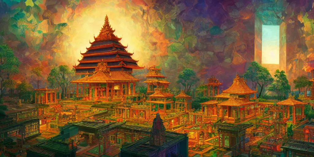 Image similar to a temple made of semiconductors, by Naomi Okubo, landscape, dramatic lighting, high contrast colors, panoramic view, as trending on Artstation,