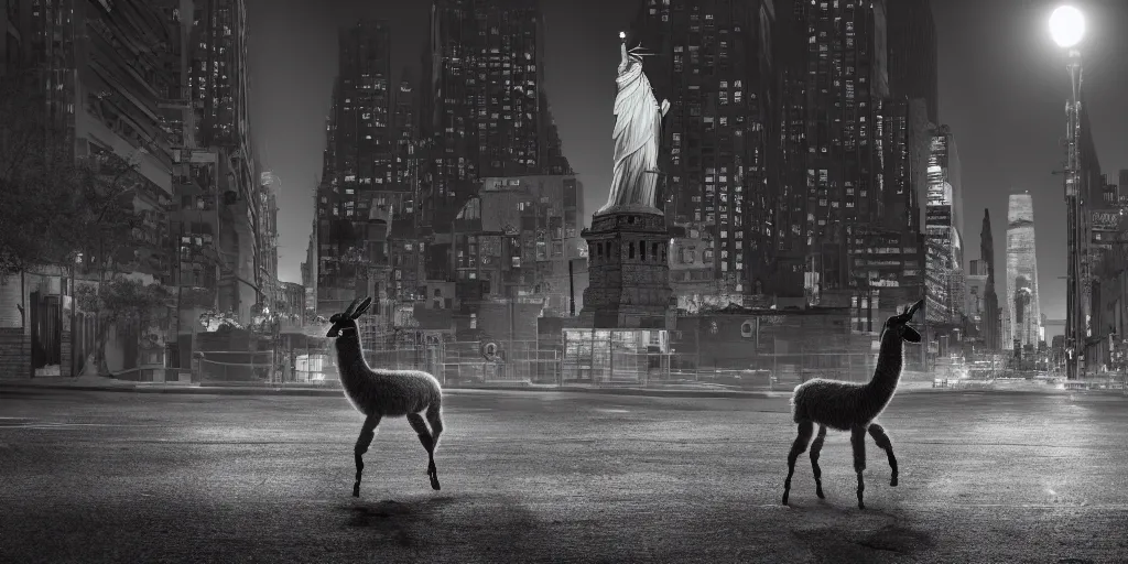 Image similar to a llama walking through a desolate manhattan city street at night, statue of liberty seen in the background, realistic 4 k octane beautifully detailed render, 4 k post - processing, highly detailed, detailed face, intricate complexity, epic composition, magical atmosphere, cinematic lighting, masterpiece, color picture, ultra hd