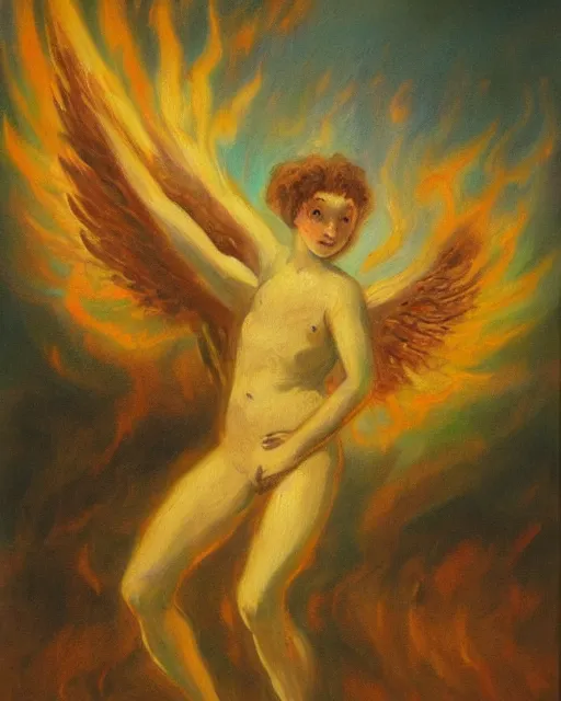 Prompt: a painting of an angel burning it’s wings. In the style of James a Jean.