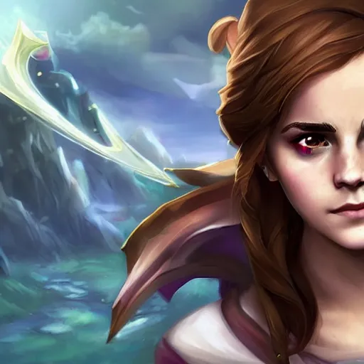 Image similar to Emma Watson as a character in the game League of Legends, with a background based on the game League of Legends, detailed face, old 3d graphics